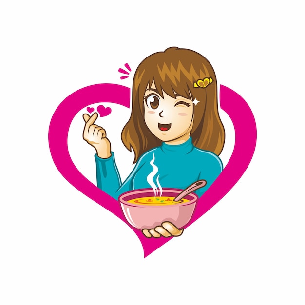 cute girl holding love soup  drawing