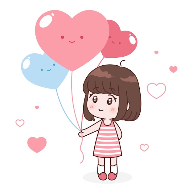 Cute girl holding pink heart shaped balloon cartoon illustration