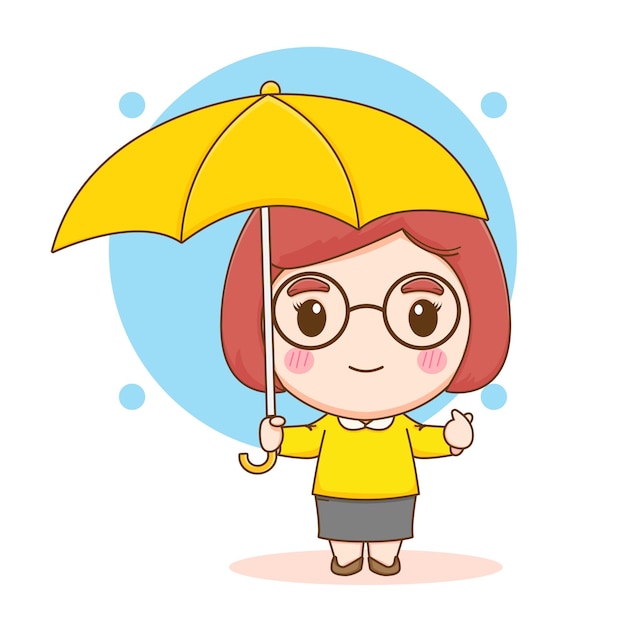 Cute girl holding umbrella Chibi cartoon character