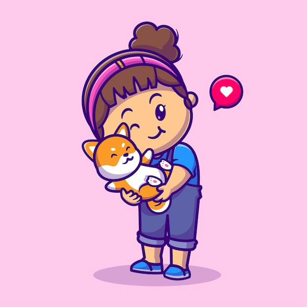 Cute Girl Hug Shiba Inu Dog Cartoon Vector Icon Illustration. People Animal Icon Concept Isolated Premium Vector. Flat Cartoon Style