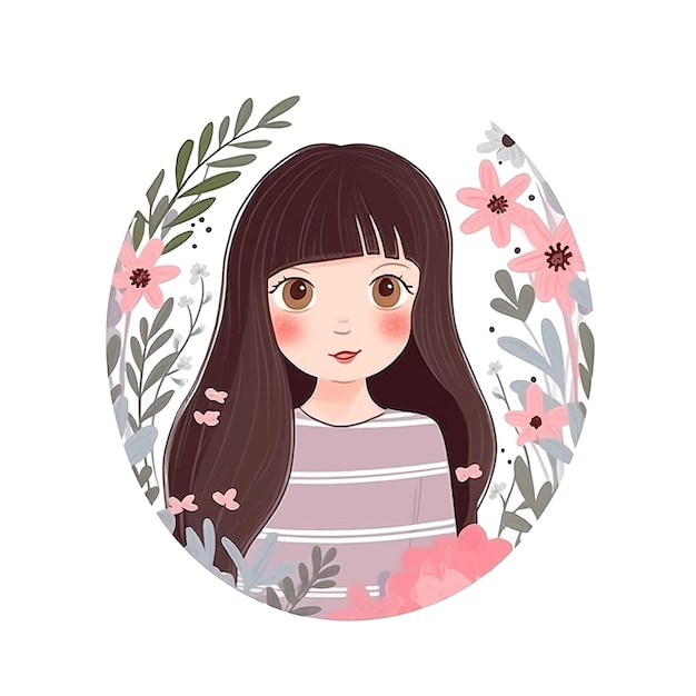 Cute girl inside pink flowers circle watercolor ilustration