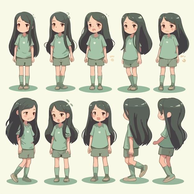 Cute girl kid in green clothes cartoon style