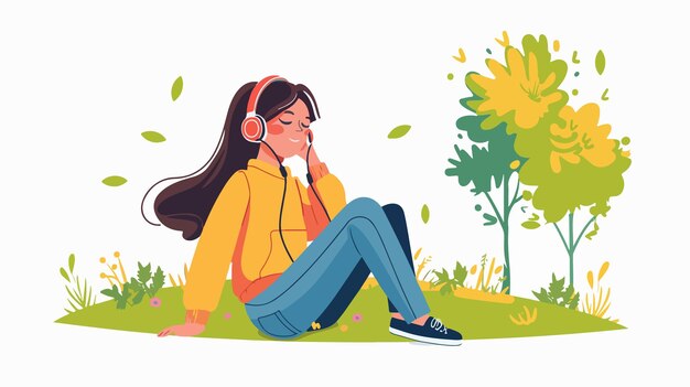 Vector cute girl listening to music in summer park