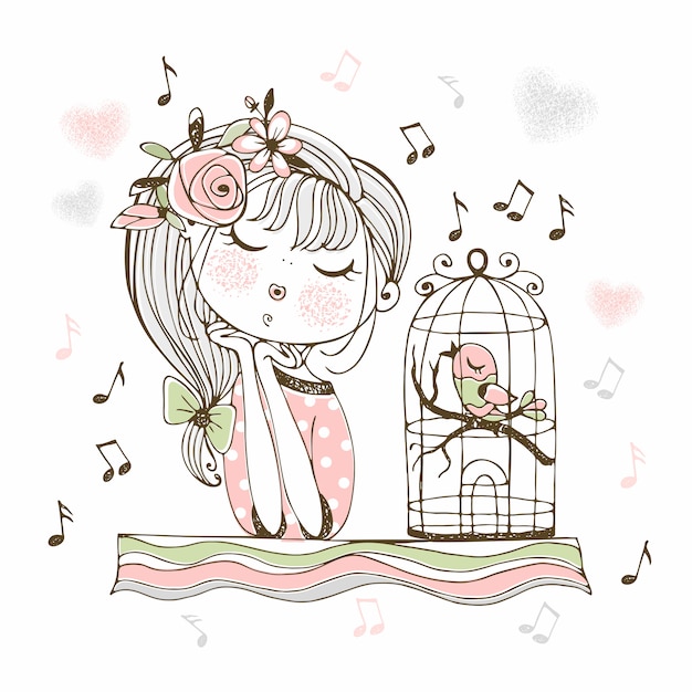 A cute girl listens to her bird singing in a cage.