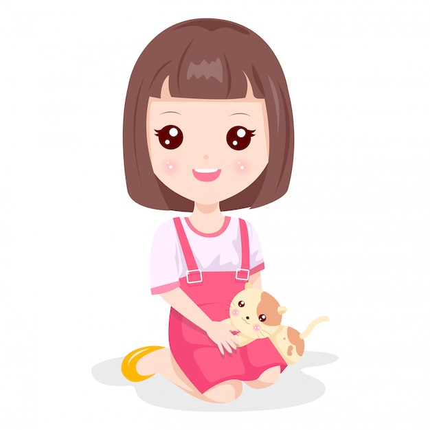 Cute Girl and Little Cat 