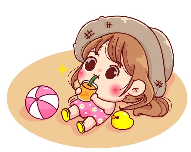 Cute girl lying on the beach sucking orange juice cartoon illustration