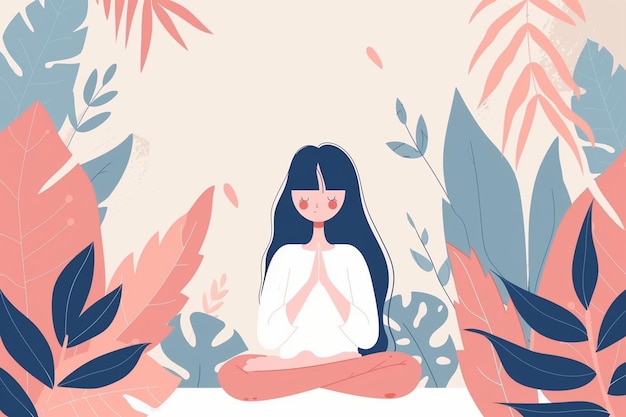 Vector cute girl meditating flat vector illustration