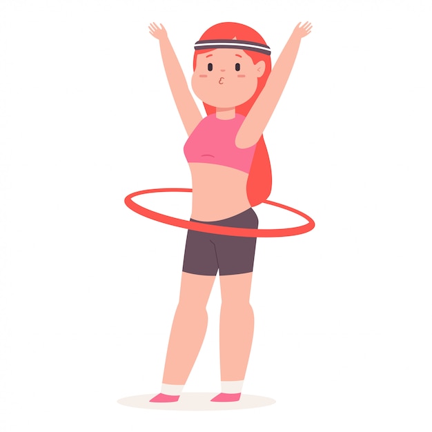 Cute girl playing hula hoop,  cartoon  illustration.