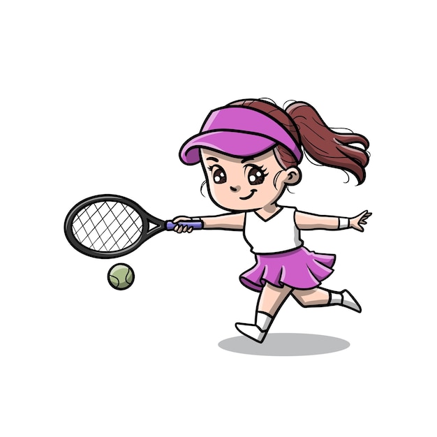 Cute Girl Playing Tennis Cartoon