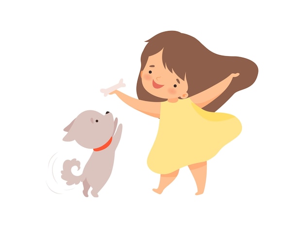 Vector cute girl playing with puppy kid interacting with animal in contact zoo cartoon vector illustration on white background