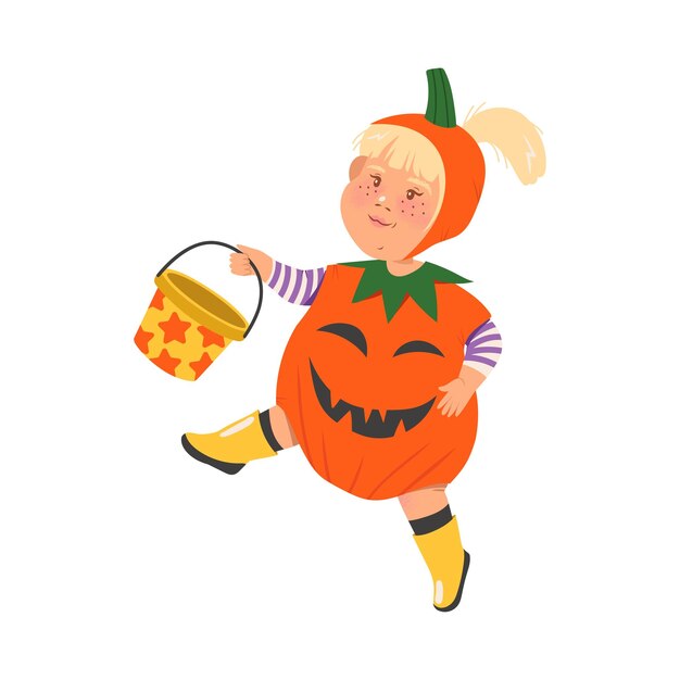 Vector cute girl in pumpkin costume happy halloween party festival with kid trick or treating cartoon vector illustration