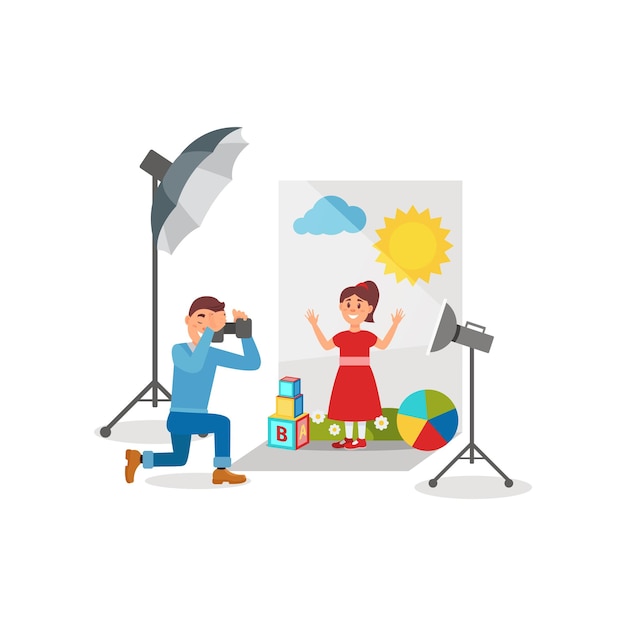 Cute girl in red dress at photo session photographer making photos in photo studio vector Illustration