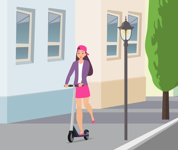 Cute girl riding kick scooter on city street Teen girl in short skirt jacket and baseball cap