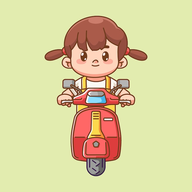 Cute girl riding scooter kawaii chibi character mascot illustration outline style design