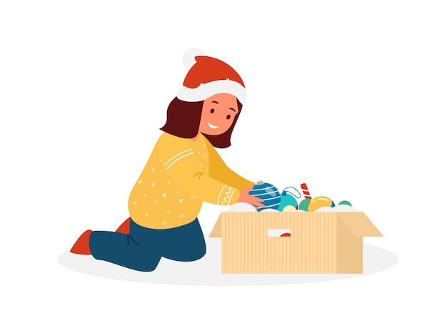 Cute Girl In Santa Hat Sitting On Knees Taking Out Christmas Ball From The Box With Toys.