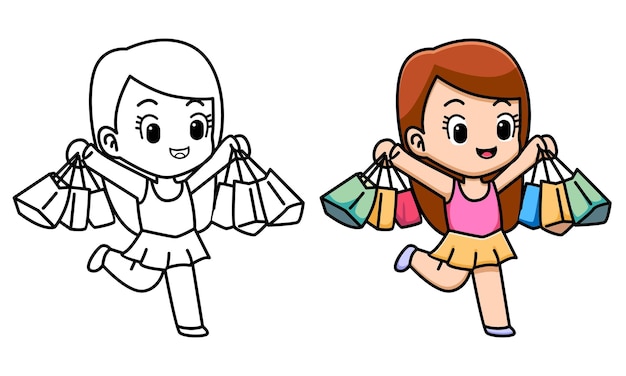 cute girl shopping coloring page for kids