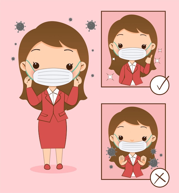 Cute girl shows how to wearing a mask to prevent the virus