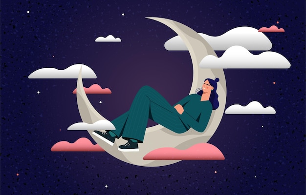 Vector cute girl sleeping on moon abstract concept