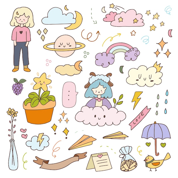 Cute girl sticker cartoon illustration doodle badges. Hand drawn icon planner collection set.