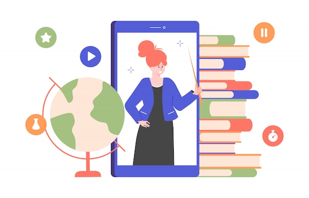 Cute girl teacher on smartphone screen. Online school education. Homeschooling. Piles of books and a globe. flat illustration.