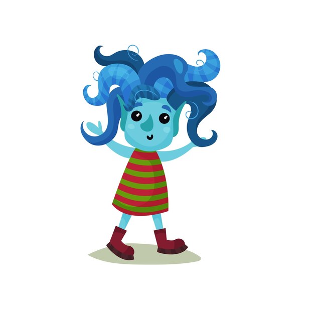 Cute girl troll with blue hair and skin funny fairy tale character vector Illustrations on a white background