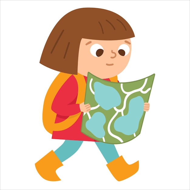 Cute girl walking with backpack and map Kid doing summer activity Vector summer camp illustration Camping character Woodland travel tourist iconxA