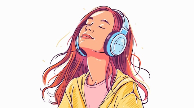 Vector cute girl wearing headphones enjoying music