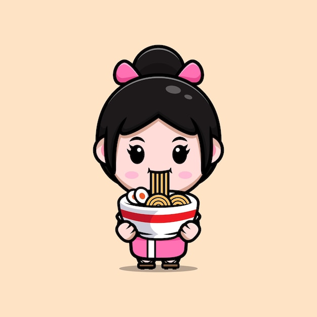 Cute girl wearing kimono dress and eating ramen noodle cartoon illustration