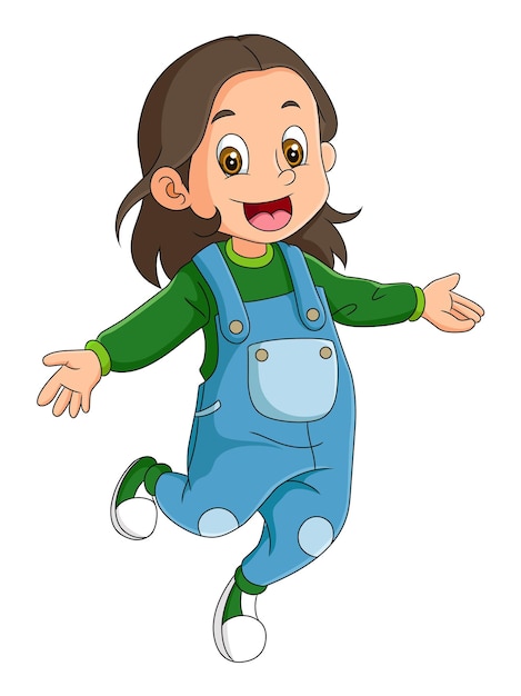 The cute girl wearing the overall is running