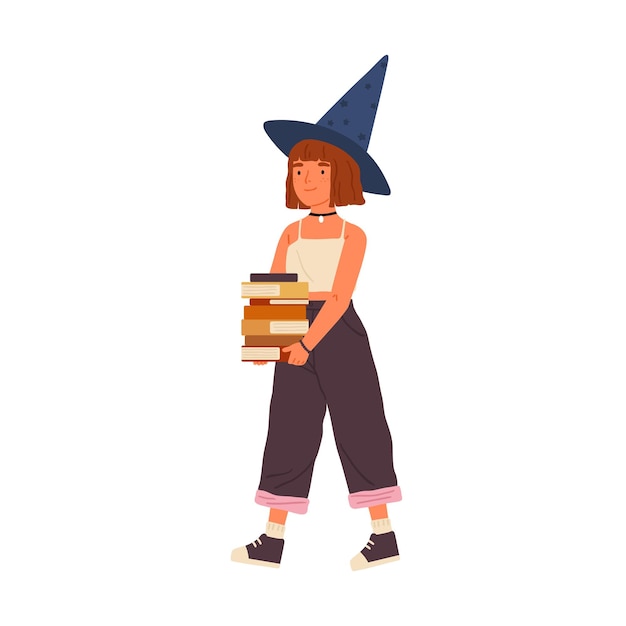 Cute girl wearing witch hat hold pile of magic books or studentbooks. Portrait of young wizard or walking fairy character. Flat vector cartoon childish illustration isolated on white background.