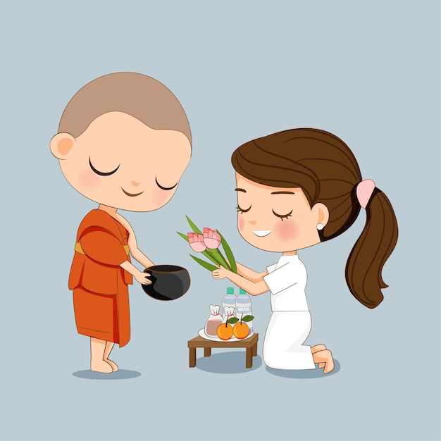 Cute girl in white dress offering the food to a monk cartoon