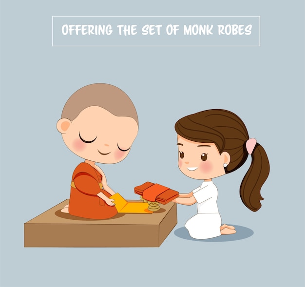 Cute girl in white dress offering the set of monk robes cartoon