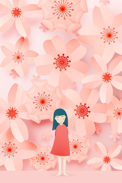 Cute girl with Beautiful floral paper art and pastel color scheme vector illustation