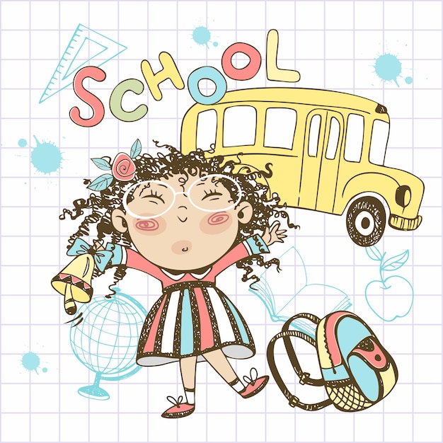 A cute girl with a bell and a briefcase goes to school Back to school The school bus Vector