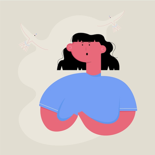 Cute girl with a bird. Spring character girl illustration with pink and blue.