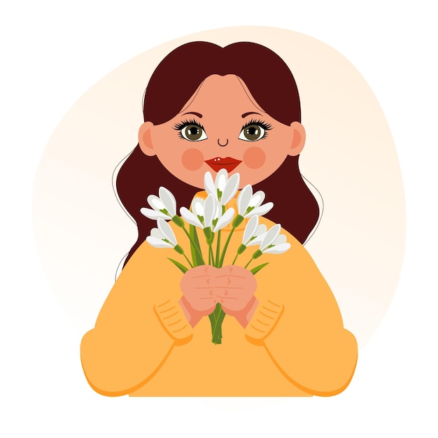 Cute girl with a bouquet of snowdrops, spring illustration in a flat style. Postcard, banner, vector