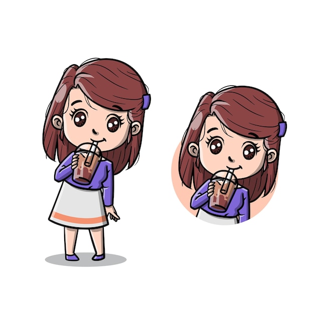 Cute Girl with Bubble Boba Tea Cartoon