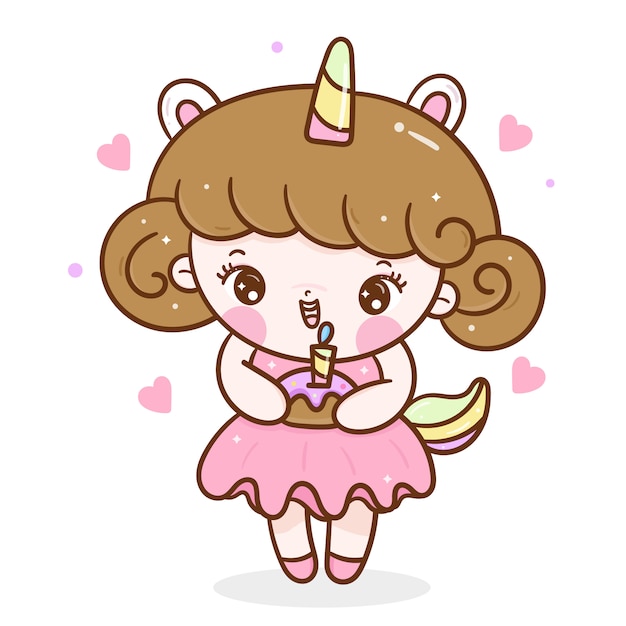 Cute girl with cake for birthday party in unicorn dress