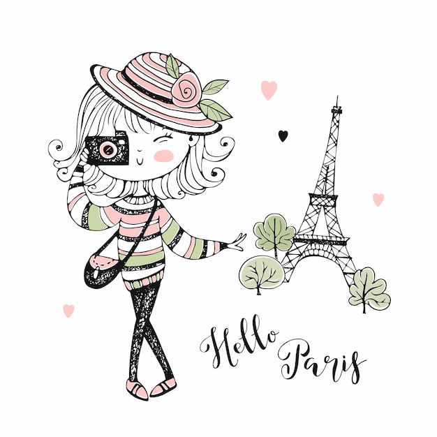 Cute girl with a camera in Paris. Travel.