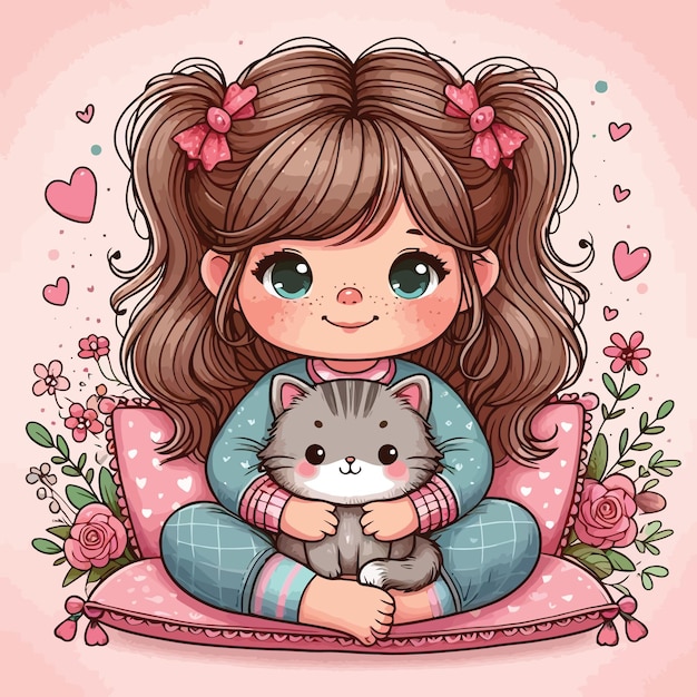 Vector cute girl with cat