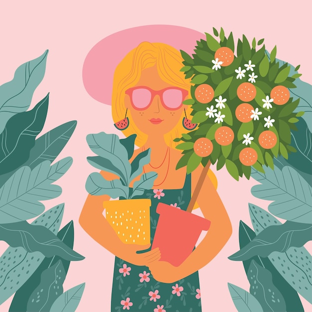 Cute girl with different home plants in her hands Plant lady illustration illustration of cute girl with plants