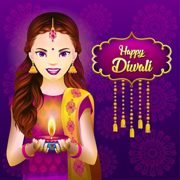 Cute Girl with Diwali lamp