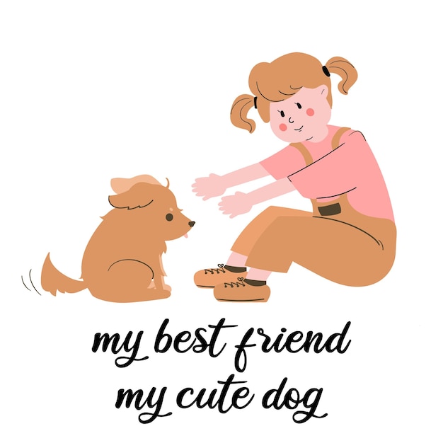 Cute girl with dog illustration for fashion artwork children books greeting cards