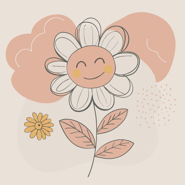 Vector cute girl with flowers in a minimalistic black and white drawing