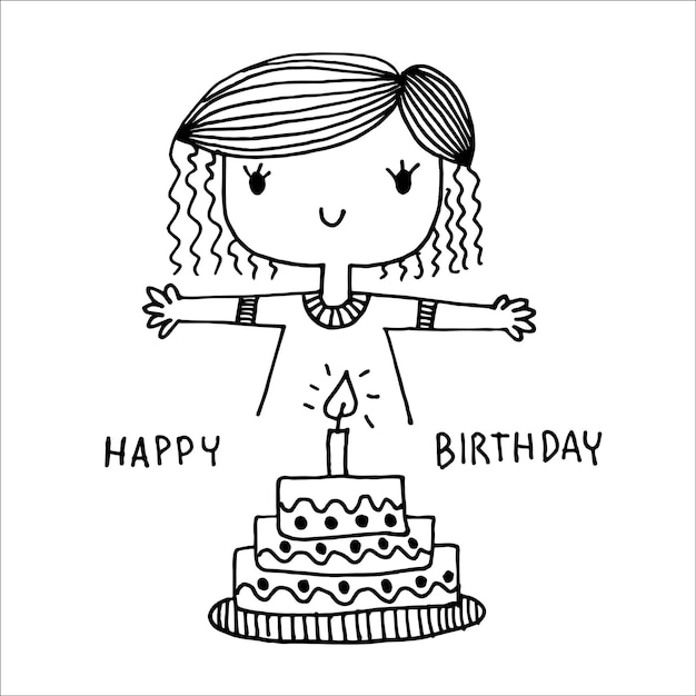 Cute girl with Happy Birthday Cake cartoon doodle hand drawing