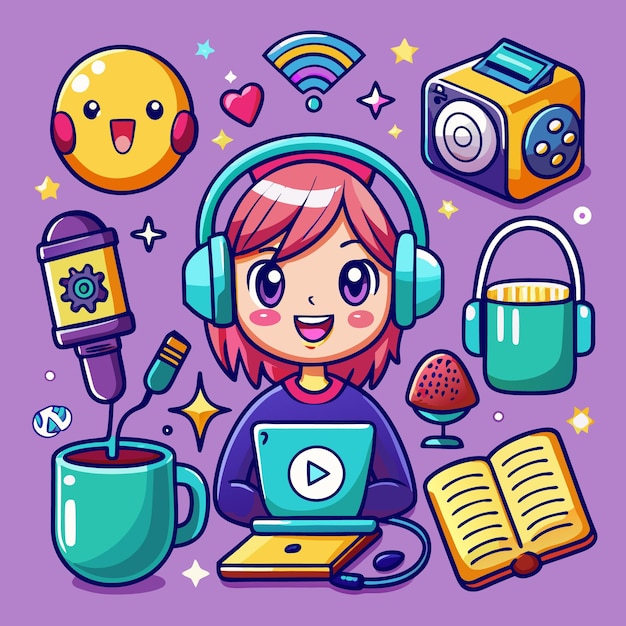 Vector cute girl with headphones using laptop computer surrounded by coffee book music speaker and other items