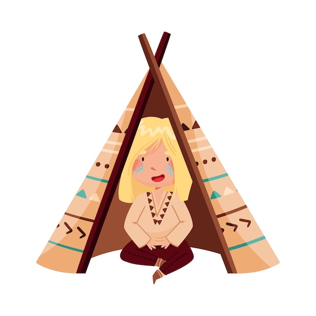 Vector cute girl with indian war paint on her face and ethnic costume sitting in wigwam vector illustration