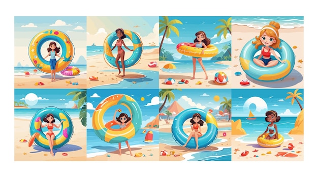 Vector cute girl with inflatable ring little female cartoon character having fun on beach flat vector illustration summer activities traveling vacation concept