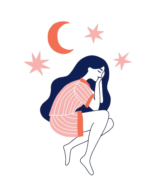 Cute girl with long hair sleeps with stars and moon