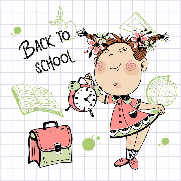 Cute girl with pigtails goes to school A schoolgirl with an alarm clock and a briefcase Back to school Vector